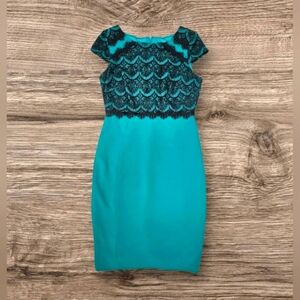 NEW Sangria Turquoise Blue & Black Lace Bodycon Soft Stretchy Midi Dress 6